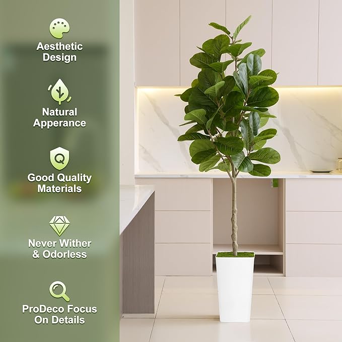 ProDeco Artificial Fiddle Leaf Fig Tree 6ft - Realistic Tall Fake Plants for Office Home Living Room Bedroom Decor Indoor Outdoor - Green Large Silk Faux Floor Plant with Pot