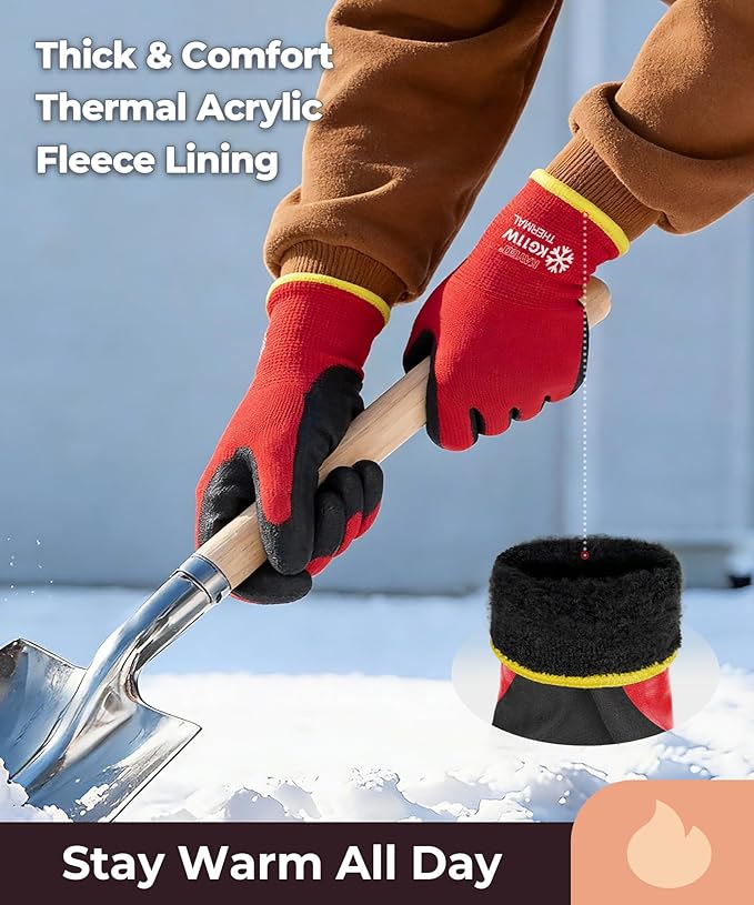 KAYGO Winter Work Gloves for Men and Women, 12 Pairs Thermal Insulated Safety Work Gloves PU Coated, Smooth Grip on Palm & Fingers,Ideal for Freezer Work,Red,L