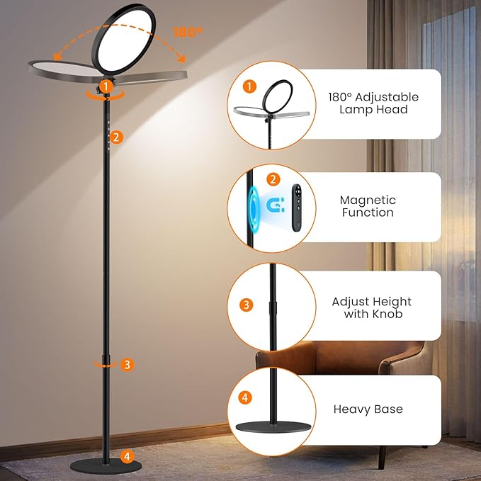 RICIAL Light Therapy Lamp,12000 Lux UV-Free Sun Lamp Full Spectrum Sunlight Lamp with 12" Panel/71 High/4 Color Temperature/5 Brightness/Remote Control, 2 in 1 Retractable Floor Light Therapy Lamp
