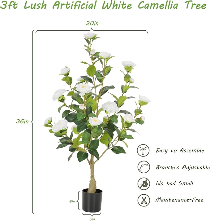Nafresh 3FT Lush Artificial White Camellia Tree Outdoor 2 Pack, 36inch Faux Camellia Plant, Fake Camellia Flowers Tree for Indoor Outdoor Living Room Home Patio Front Door Garden Decor
