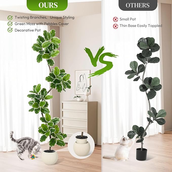 GarveeHome Fiddle Leaf Fig Tree Artificial Indoor, 7 ft Tall Faux Rubber Tree with Sphere Planter, Tall Artificial Plants with Moss for Home Decor Office Living Room