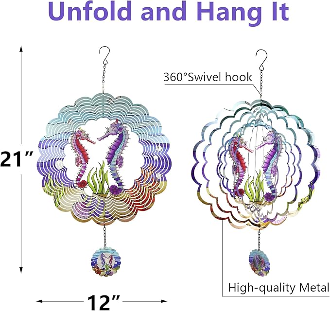 Seahorse 3D Wind Spinner Kinetic Metal Art Hanging Wind Spinner Outdoor Decoration Ocean Ornaments Decor for Yard and Garden