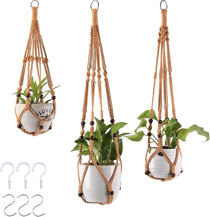 MKO SHUN 3-Pack Macrame Plant Hanger Indoor - Hanging Planter Basket for Indoor Outdoor - Decorative Boho Plant Holders Set with Beads - Ceiling Flower Pot Holder with 6 Hooks - 35"/30"/24" Brown