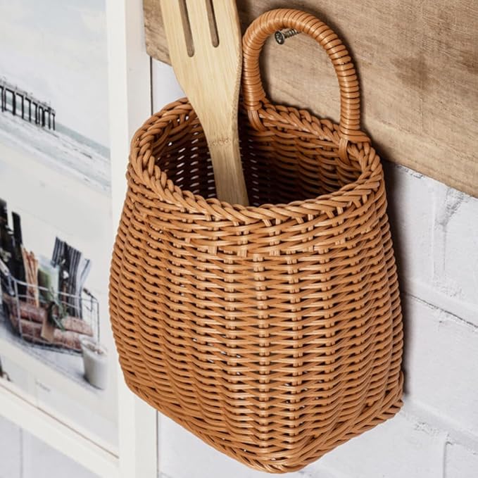 Woven Seagrass Storage Basket - Wall Mounted Planters with Rattan Flower Pot - Hanging Wicker Basket