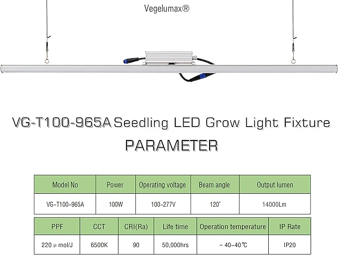 LED Grow Light Lamp for Indoor Plant Seedling Germination Vege Flower Growth,Full Spectrum CRI 90+ High Output White Light CCT 6500K,Isolated Dimming Driver with On/Off Switch,100 Watt,4Feet