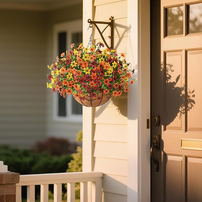 INQCMY Artificial Flowers Hanging Baskets for Outdoors Spring Decor, 12 Bundles Fake Plants Faux Silk Daisy with Eucalyptus Stem UV Resistant for Outside Patio Balcony Garden(Orange Brown Yellow)