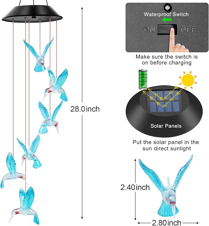 WENANA Blue Hummingbird Solar Wind Chimes Color Changing Lights Outdoor, Best Gifts for Mom Grandma Women Wife Aunt Daughter Sister, Unique Mobile Wind Chime, Gardening Yard Decorations