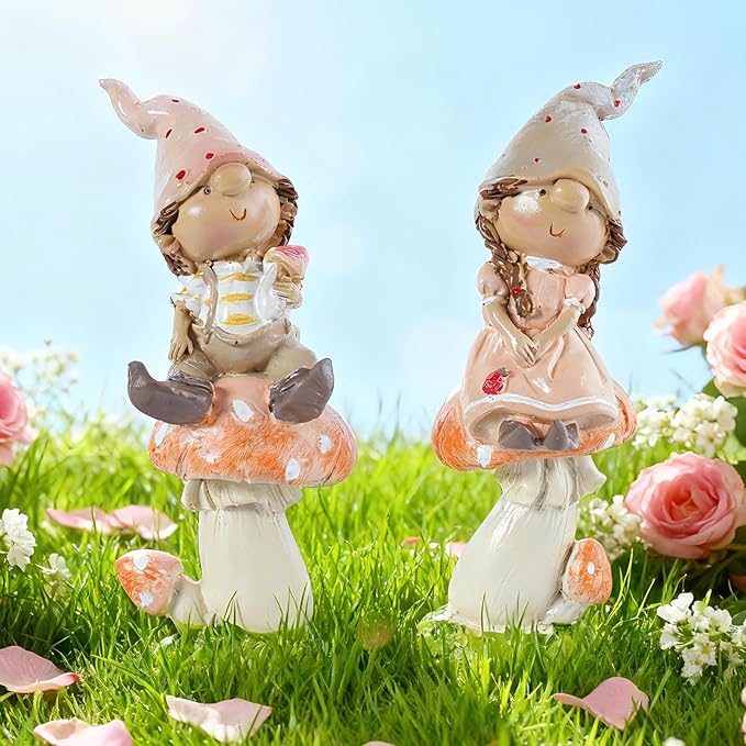 Garden Mushroom Gnome Resin Statues - Outdoor Patio & Lawn Decor, Indoor Home Ornament, Gnome Couple Garden Figurines, Ideal Gift for Parents & Friends