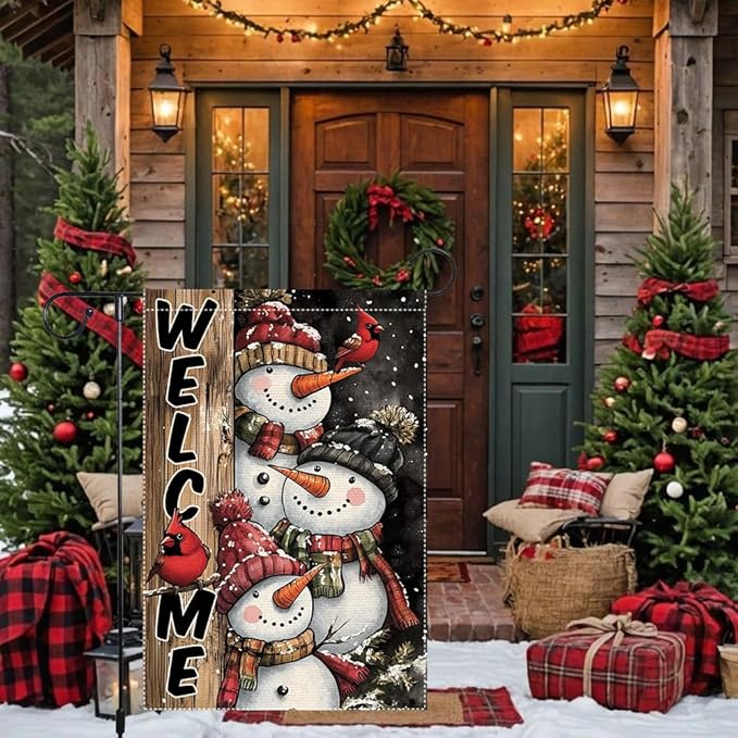 Winter Snowman Family Garden Flag Double Sided 12x18 Inch Small Burlap Outdoor Yard Decoration Holiday Welcome Banner with Cardinals