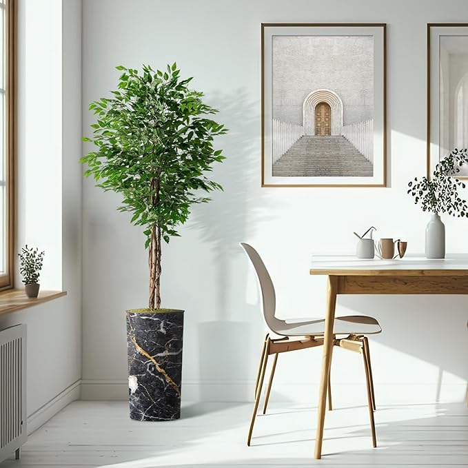 Artificial Tree in Modern Granite Effect Planter, Fake Ficus Silk Tree for Indoor and Outdoor Home Decoration - 75" Overall Tall (Plant Pot Plus Tree)