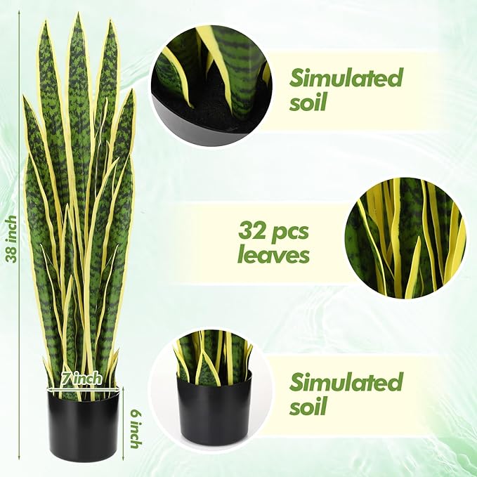 Crowye 3 Pack 3.15 Ft Tall Artificial Snake Plant Faux Sansevieria Plant Large Fake Snake Bulk in Pot for Home Office Housewarming Gift