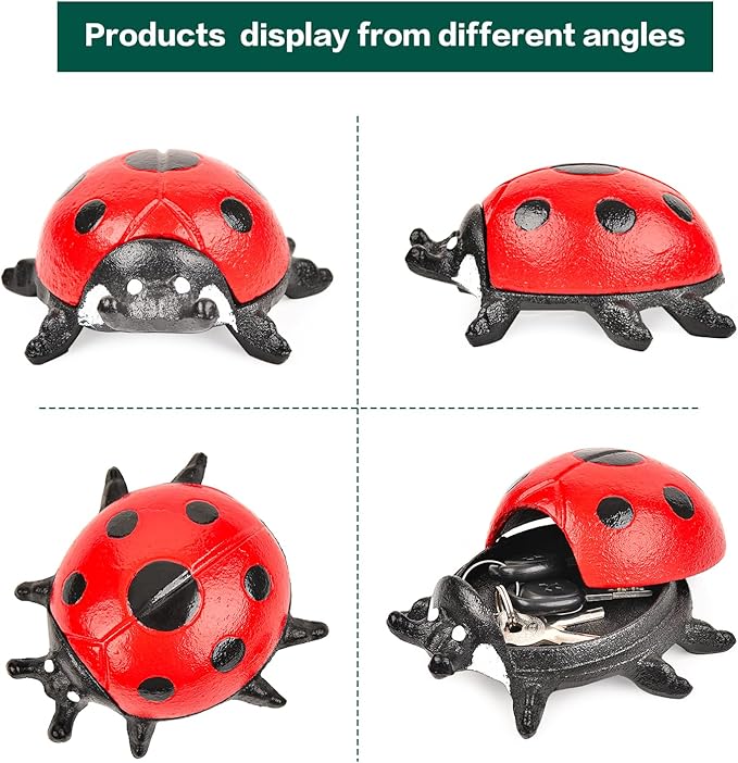 Sungmor Cast Iron Ladybug Key Hider, Hidden Key Holder for Indoor Outdoor, Hand Painted Garden Animal Statue Lawn Ornament, Decorative Jewelry Box Spare Key Hider for Shelf