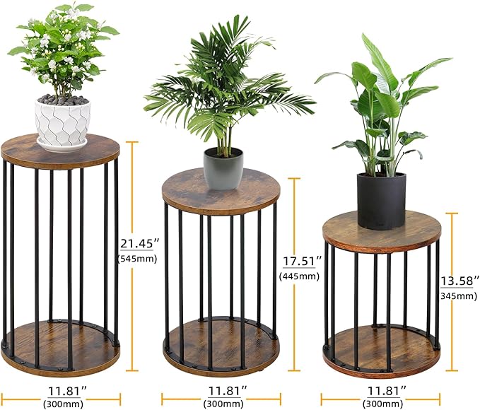 Leinade Plant Stand Indoor,small plant stool,Flower Pot Corner stand holder,Mid Century Heavy Duty Metal Tall Home Decor,Modern Round End Table,Small Rustic Display Stand for Living Room,Bedroom (Brown,3 Packs)