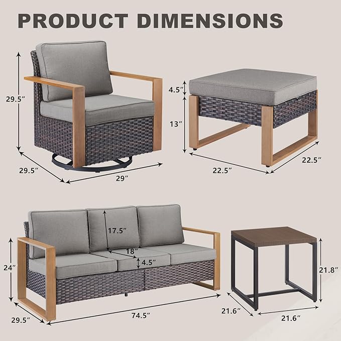 Rilyson Outdoor Wicker Patio Furniture Set - 6 Piece Patio Conversation Set with 2 Wicker Swivel Rocker Chairs,2 Rattan Ottoman,1 Side Table and 1 Couch,Thick Cushions,Deep Seating(Brown/Grey)