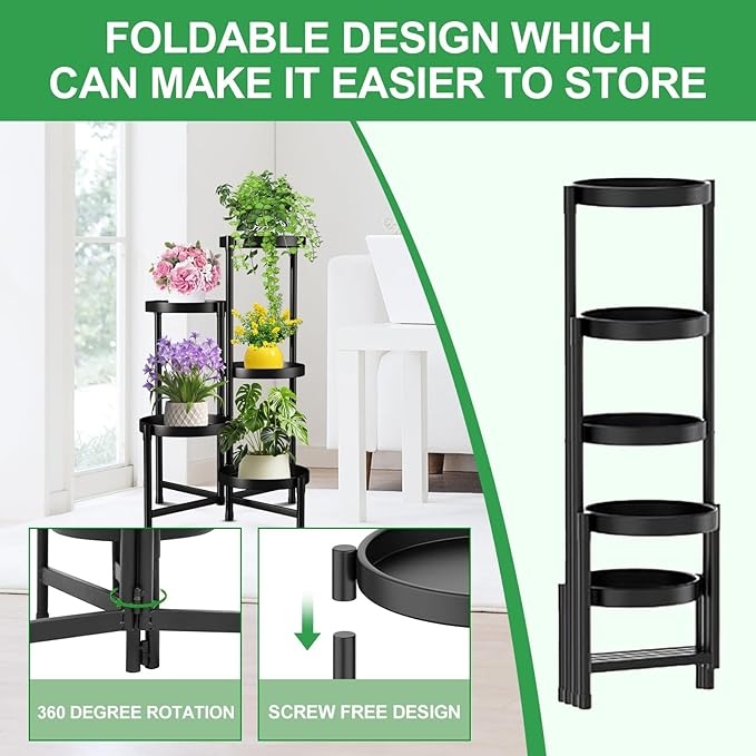 Atpddpey Plant Stand Indoor Outdoor 5 Tier Black Metal Plant Holder 31 in Tall,Tiered Flower Pot Display Stand,Multiple Plant Stand for Living Room Corner Garden Patio Lawn Balcony