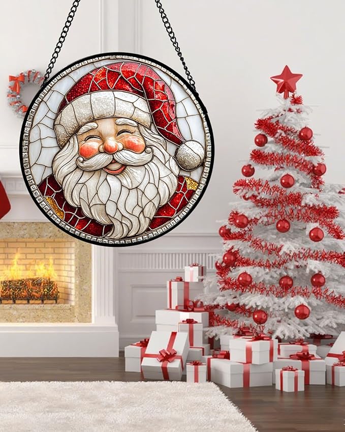 HWRHTR Stained Glass Window Hanging - Red White Santa Claus Suncatcher for Doors Home Christmas Decoration Winter Sun Catcher Thanksgiving New Year Birthday Gifts for Women Men Mom Nana Girl 9.8 in