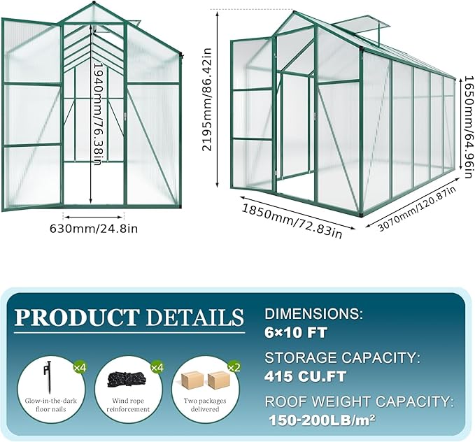 6x10.1 FT Greenhouse for Outdoors, Polycarbonate Greenhouse with Stronger Wind Protection, Lockable Door and Roof Vent, Large Walk-in Aluminum Sunroom for Garden, Backyard, Lawn, Green