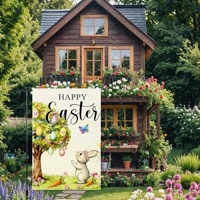 Happy Easter Garden Flag 12x18 Inch Double Sided Burlap Easter Watercolor Egg Tree Bunny Carrots Butterfly Outdoor Decor for Yard Patio Spring Easter Decor