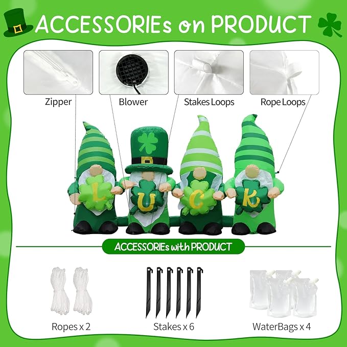 St. Patricks Day Inflatable Decorations 6FT Four Leprechauns Holding Luck Shamrock Built-in LED Lights Indoor and Outdoor Theme Party Decor Holiday Lawn Yard Garden Patio Décor