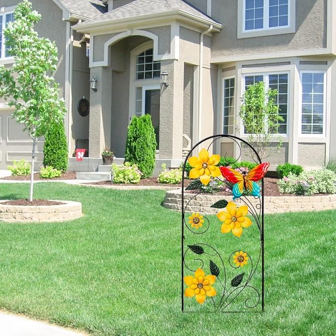 YEAHOME Garden Decor for Outside, 34" Flower Butterflies Decorative Garden Stakes for Spring Garden Decor, Metal Yard Art Stakes for Outdoor Lawn Backyard Porch Decorations