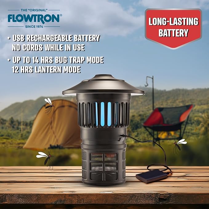 Flowtron Bug Trap Lantern | 2-in-1 UV Mosquito Trap & LED Camping Lantern, 21000 Sq Ft Coverage, 4000mAh Rechargeable Battery, Cordless Insect Trap with Fan for Patio Backyard Indoor Outdoor