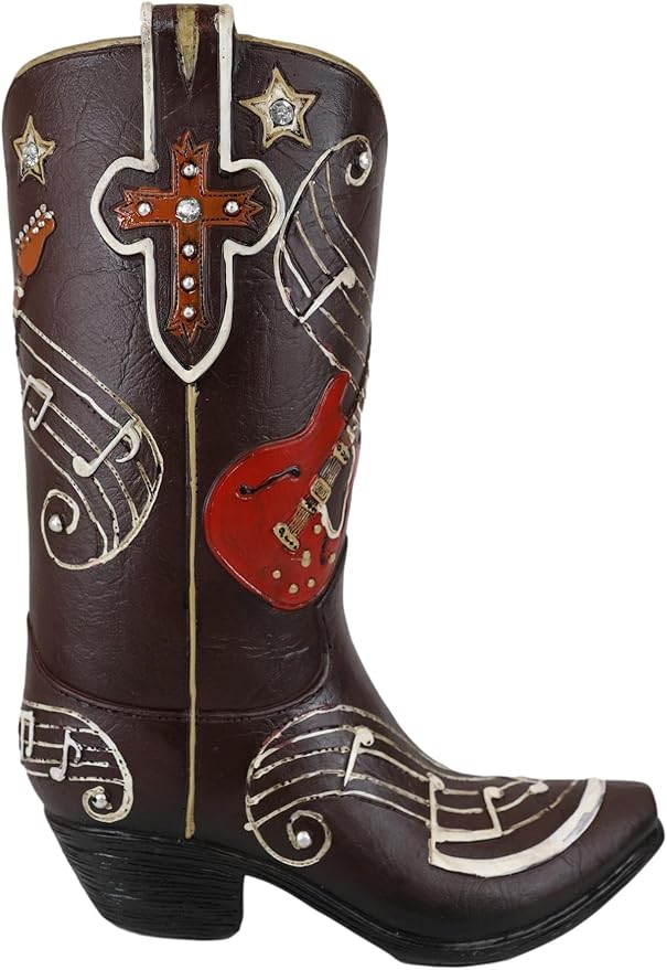 Ebros Gift Wild West Faux Tooled Leather Cowgirl Cowboy Boot with Western Star Cross Guitar and Musical Notes Chords Desktop Floral Vase Planter Sculpture Rustic Accent Boots Figurine