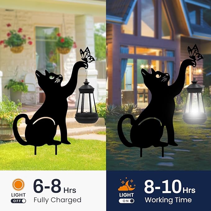 Black Cat Yard Decorations Outdoor - Solar Lights Outdoor Garden Decor Stake with Butterfly Decorative Metal Housewarming Ornament for Pathway Lawn Patio – Unique Gift for Woman Mom Grandma