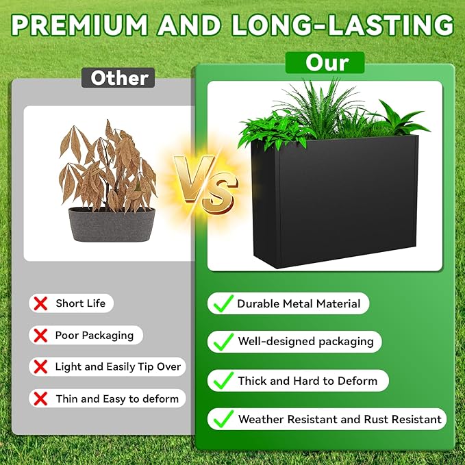 NUWJBYE Tall Metal Planter Box, 30" L x 10" W x 24" H Large Outdoor Planters with Drainage & Adjustable Shelf, Heavy Duty Steel Rectangular Planter for Patio, Balcony, Indoor(Black)