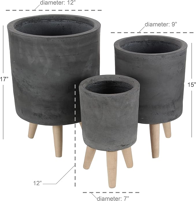 Deco 79 Fiberclay Round Planter with Wood Legs, Set of 3 12", 15", 17"H, Black