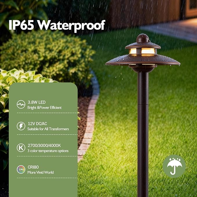 LITFIT Low Voltage Landscape Pathway Lights, 12V 3.8W 83lm 3CCT 2700K/3000K/4000K, ORB Die-Cast Aluminum Waterproof Hardwired Walkway Lights with Connectors for Garden Yard Drive Way, 4 Pack