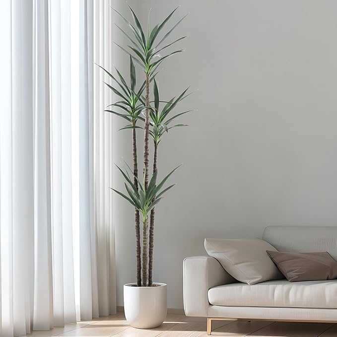 Artificial Tree 7ft Faux Agave Plant with 60 Leaves and 4 Realistic Trunks,Fake Floor Potted Artificial Tall Plants for Home Office Garden Decor Indoor (7Feet,1Pack)