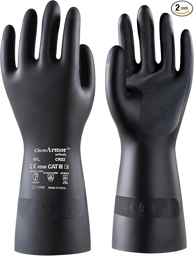2 Pairs Heavy-Duty Chemical Resistant Rubber Gloves, Protective Industrial Gloves for Cleaning, Dishwashing, Resist Acid, Alkali, Hazmat, Black, Medium