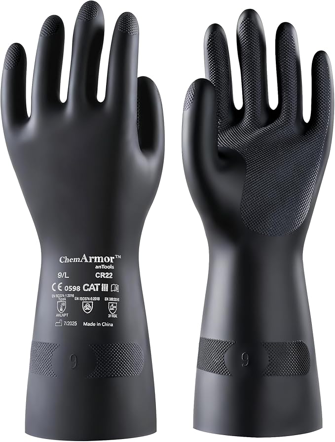 Heavy Duty Rubber Safety Work Gloves, Chemical Resistant Latex Gloves for Cleaning, Acid & Alkali Protection, Hazmat Use, Black, X-Large