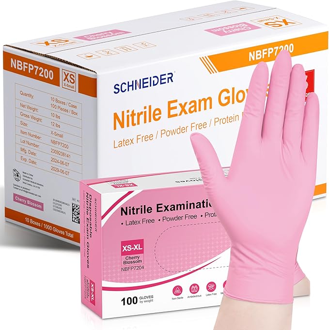 Schneider Pink Nitrile Gloves, Latex Free Exam Gloves Disposable Latex Free, Disposable Gloves for Cooking & Medical