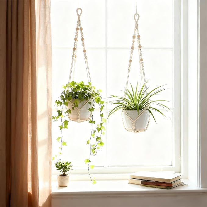 EJGIEGSO Macrame Plant Hanger, Up to 4-15 inch Pots, Wood Beads Cotton Hanging Planter Holder for Indoor Outdoor Boho Home Decor, 35 Inch, Set of 2 (Ivory)