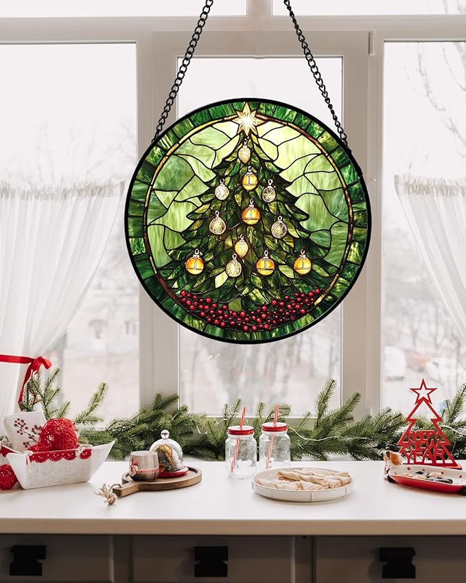 DASTOLL Stained Glass Window Hanging - Green Christmas Tree Golden Bells Suncatcher for Doors Home Christmas Decoration Sun Catcher Thanksgiving New Year Birthday Gift for Women Men Mom Nana 7.8 in