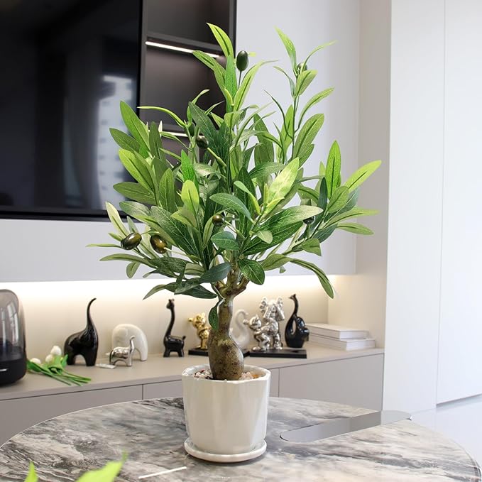 Abyjifar 20" Artificial Olive Tree with Pot, Faux Green Potted Plants Indoor Fake Greenery Olive Branches Stems in Pot for Tabletop Desk Office Kitchen Living Room Bedroom Bathroom Home Decor