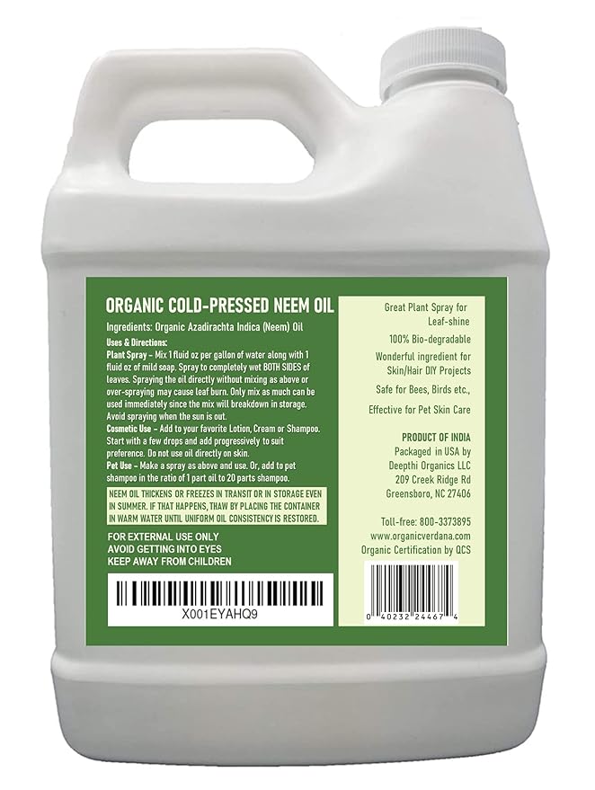 Verdana Organic Neem Oil – Cold Pressed, 100% Pure Neem Seed Oil, Concentrated Multi-Purpose Oil for Skin, Hair & Plant Use, No Additives - 32 Fl Oz