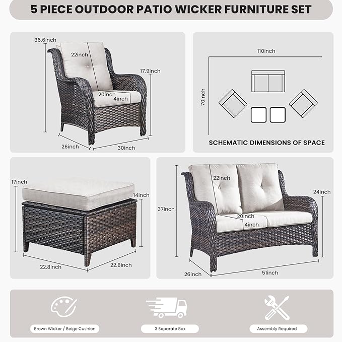 Belord Outdoor Wicker Furniture 5 Pieces Patio Furniture Set Patio Wicker Chairs with Ottomans Conversation Set for Porch Garden Deck Balcony Poolside