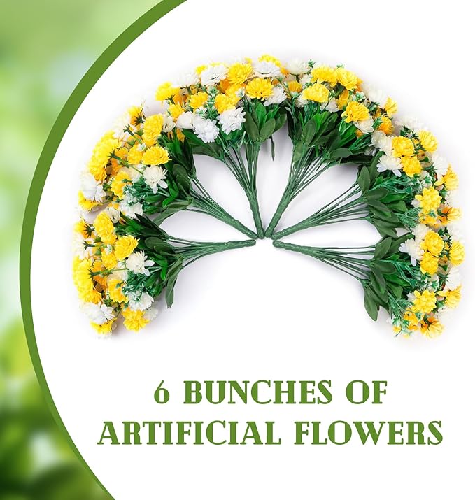 Ammyoo Artificial Flowers for Outdoors Decoration, 6 Bundles Silk Marigold Flower UV Resistant Look Real Faux Plants for Garden Porch Planter Patio Balcony Yard Home Decor (Yellow White)