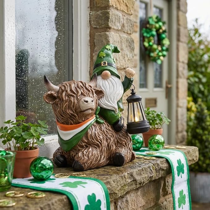 TERESA'S COLLECTIONS St Patricks Decorations for Outdoor Decor,Gnomes Resin Riding Highland Cow and Holding Lantern with Solar Lights for Outside,Shamrock Leprechaun Figurine, Irish Gifts,8.7"