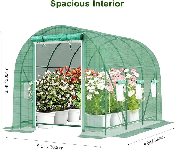 Greenhouse with Watering System, Portable Green House for Outside, Greenhouses Kit for Outdoor with Metal Frame, Thicken PE Cover (Green Cover, 9.8x9.8x6.5 FT w/ Irrigation System)