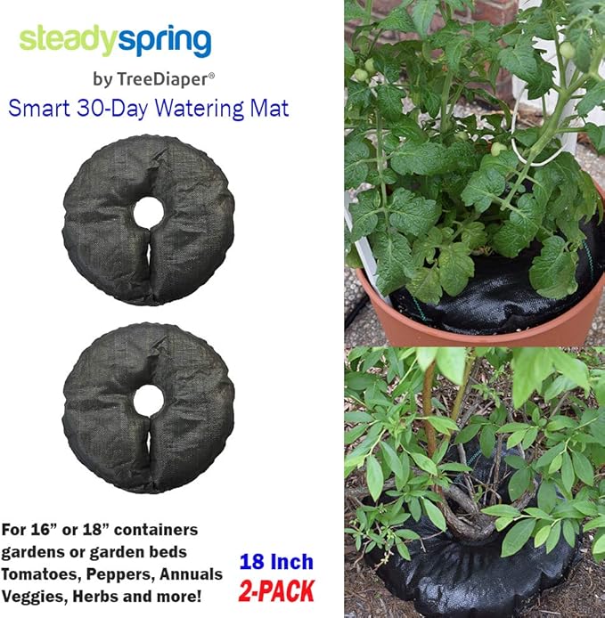 SteadySpring(R) Smart 30+Day Watering Mat Auto Refills with Rain for Tomato Plants, Peppers, Veggies, Perennials, Annuals in 1-2 Gallon Containers or with a 7 in to 10 in Root Ball (4)