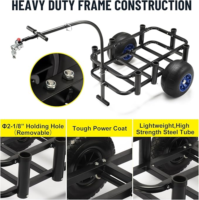 Beach Fishing Cart, 13" Big Wheels Black PU Solid Balloon Tires for Sand, Fishing Wagon Cart Large Capacity with 32-1/4" L x 16" W Liner and PP Plate, Heavy Duty Surf Cart w/Bicycle Hitch