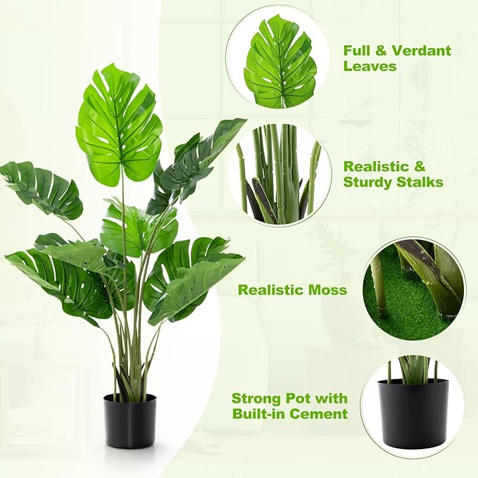 4FT Fake Monstera Deliciosa Plants, Faux Monstera Plant w/15 Turtle Leaves, Cement-Filled Plastic Pot, 60 Inch Fake Plant for Indoor Home Office Living Room Decoration Set of 2