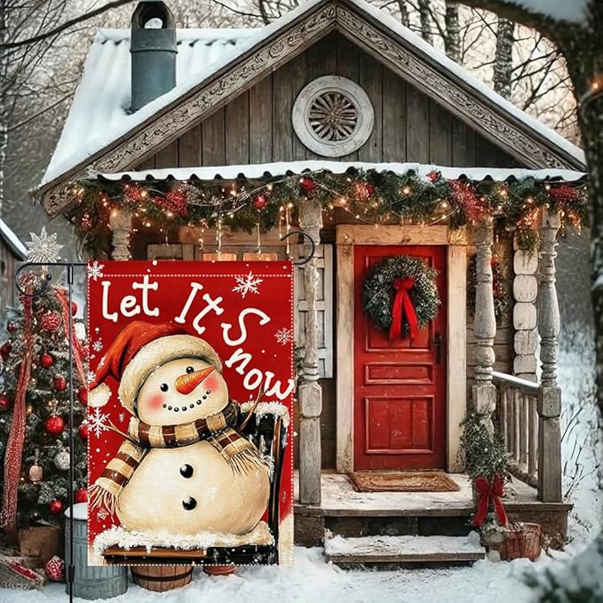 Christmas Snowman Garden Flag 12x18 Inch Double Sided Burlap Holiday Yard Decoration Santa Hat and Scarf Snowflake Design Outdoor Welcome Banner
