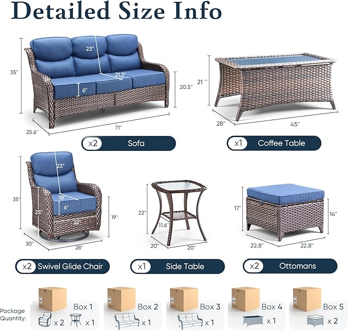 Belord Luxury 6" Thick Cushioned 8 Pieces Patio Furniture Set with Outdoor Couch, Wicker Outdoor Conversation Set with High Back Swivel Rocker Chairs for Deck Porch Yard and Poolside - Brown+Blue