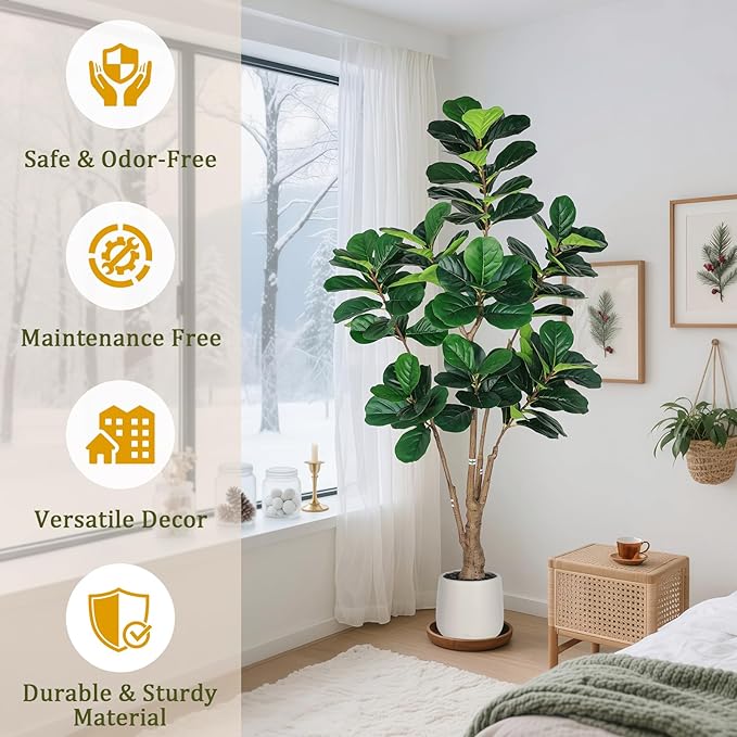 Artificial Fiddle Leaf Fig Tree with White Planter and Black Pebble, 6 FT Faux Ficus Lyrata with Thick Trunk and Emerald Leaves, Fake Ficus Tree for Hotel, Shop, Modern Home Indoor Decoration
