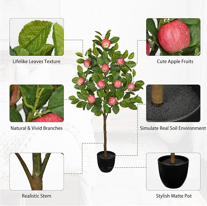 Artificial Apple Tree 3ft Fake Apple Fruits Plant in Pot Large Fake Floor Plants Faux Trees Indoor Apple Decorations for Home Living Room Office