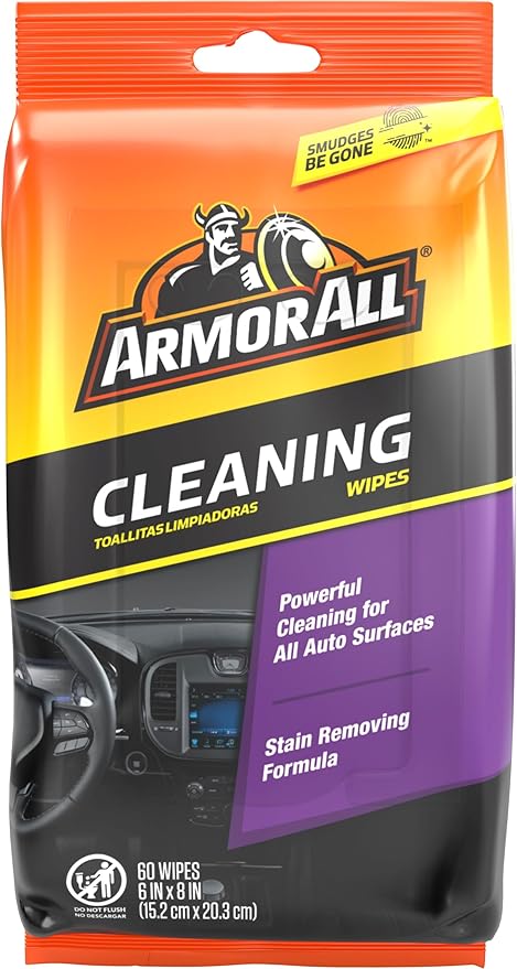 Armor All Car Cleaning Wipes, 60 Count Flat Pack, Powerful Car Wipes for Dashboards, Vinyl, Clear Plastics, Carpet and Fabric